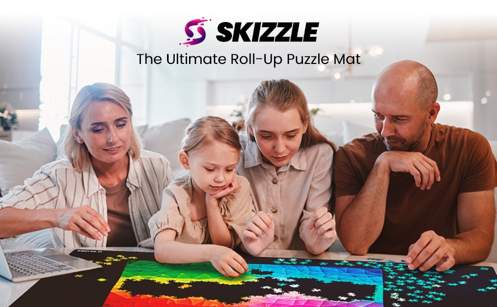 Family doing a puzzle on a skizzle roll up puzzle mat