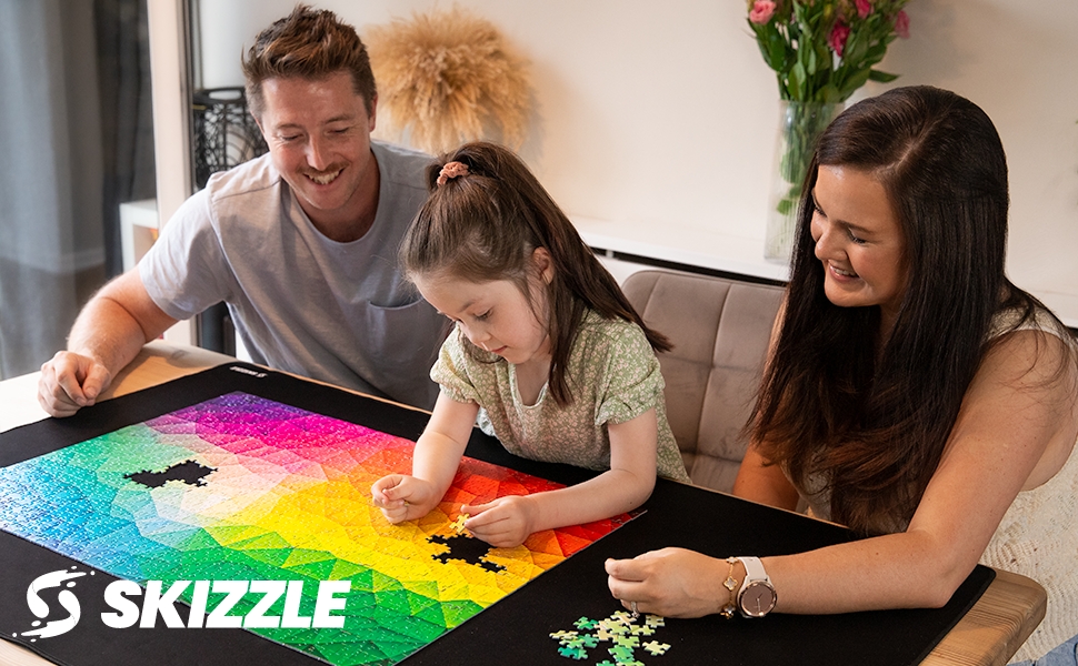 happy family doing a puzzle together